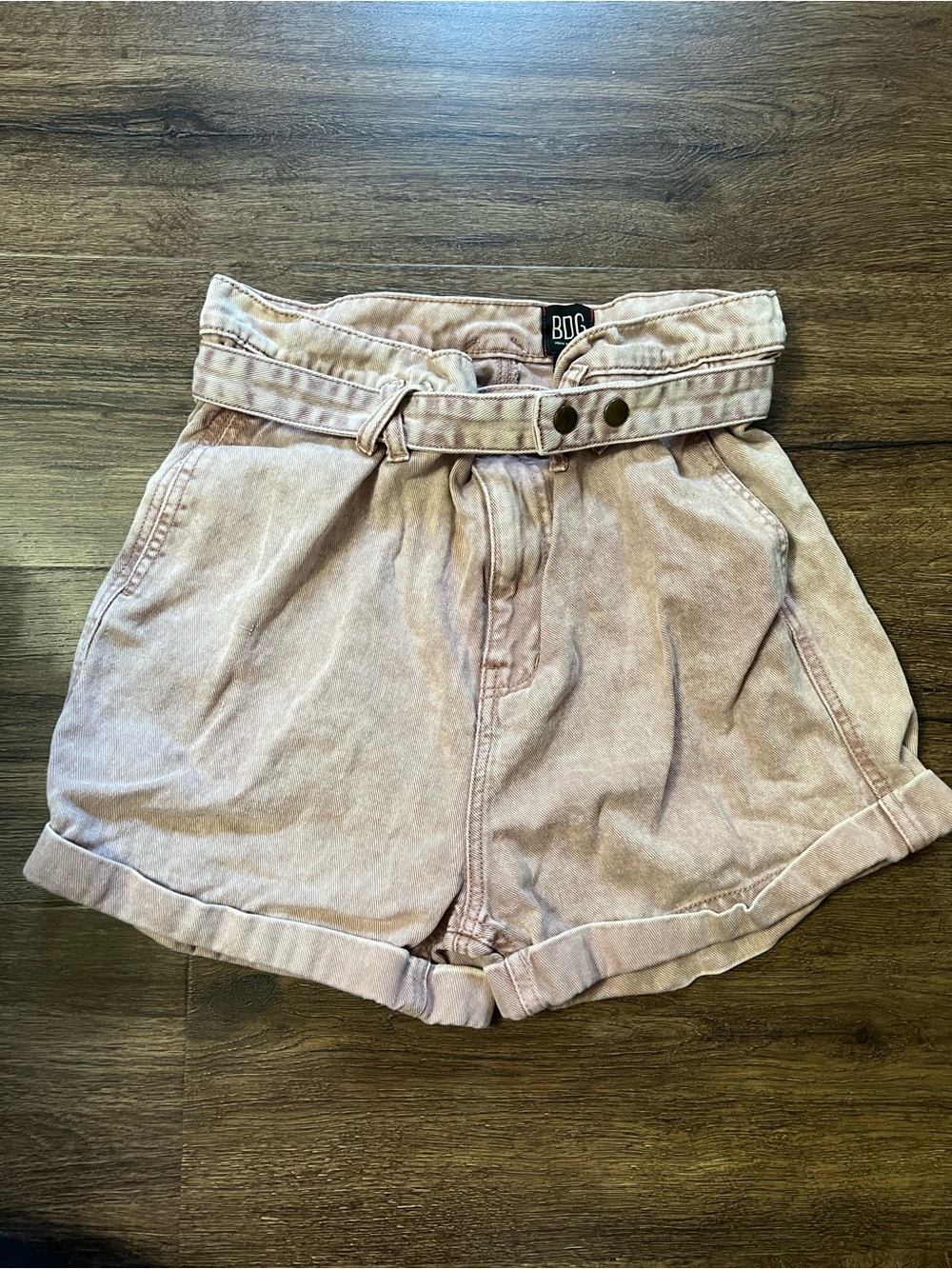 BDG Urban Outfitters Rose Pink Acid Wash High-Rise Paperbag Belted Shorts 27